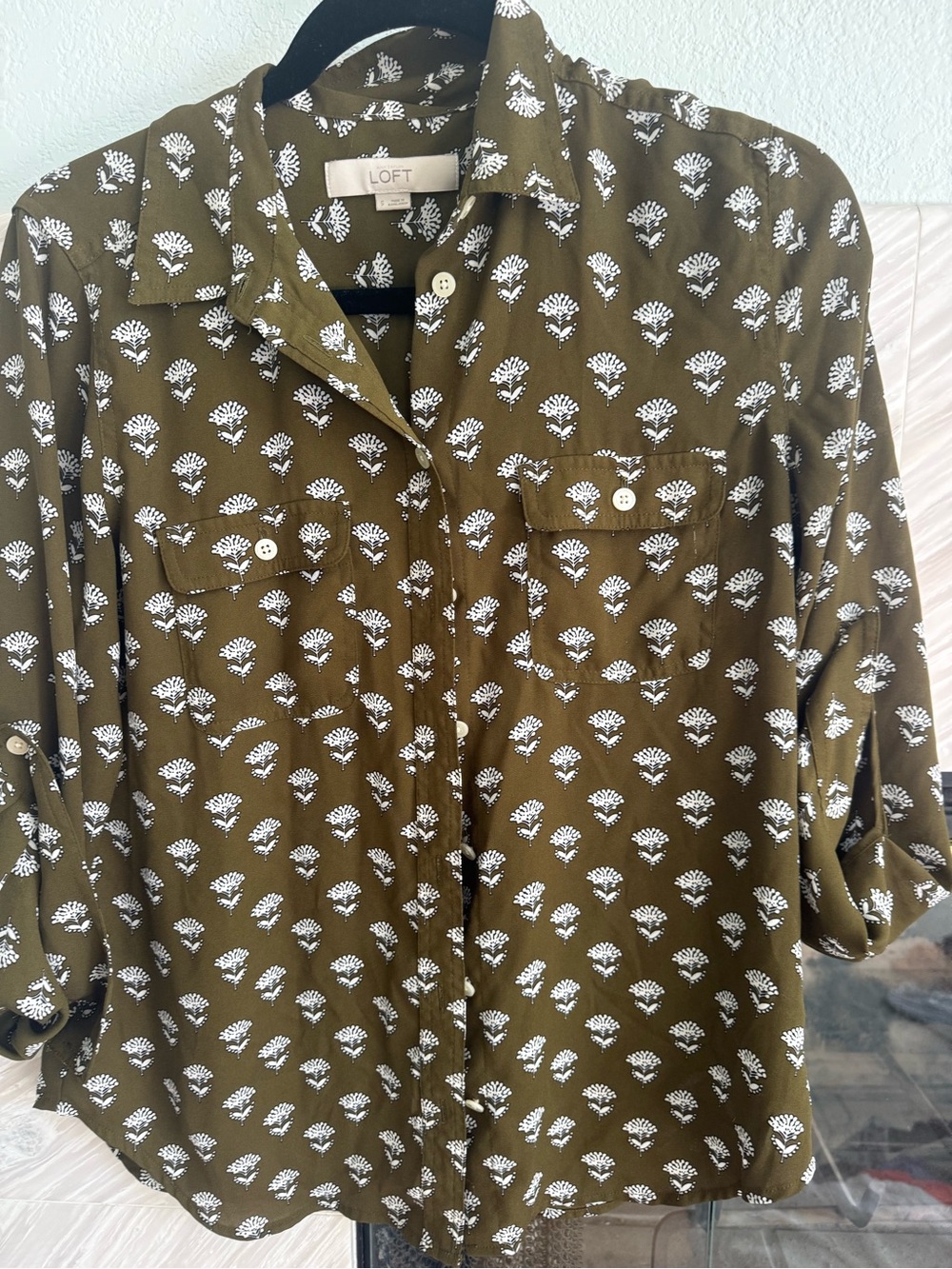 LOFT Olive Green Floral-Print Button Front Blouse